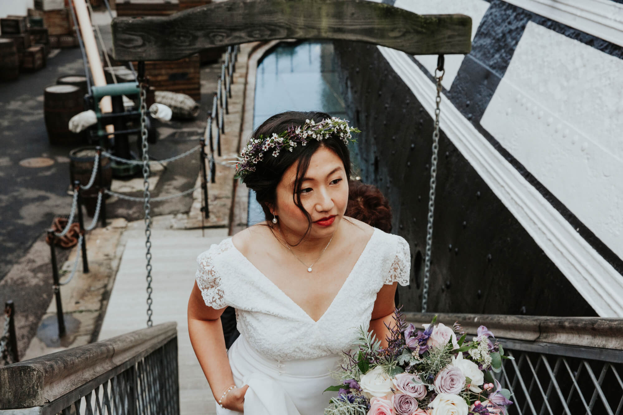 Bride walking up the steps of the SS Great Britain