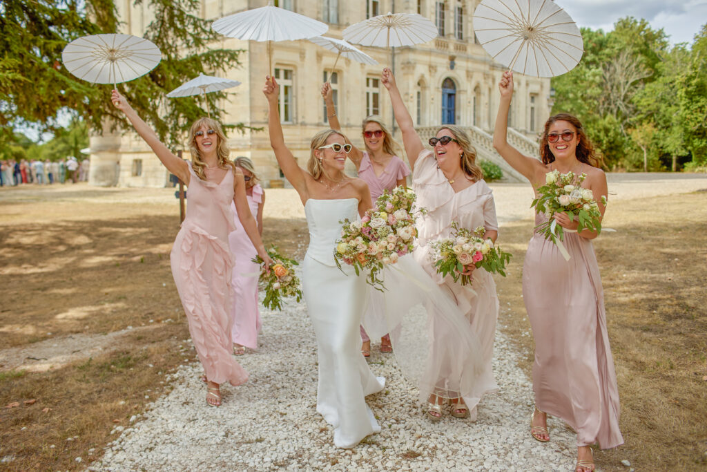 a bride and bridal party at a destination wedding in Bordeaux. wedding hair and makeup artist evie smith 