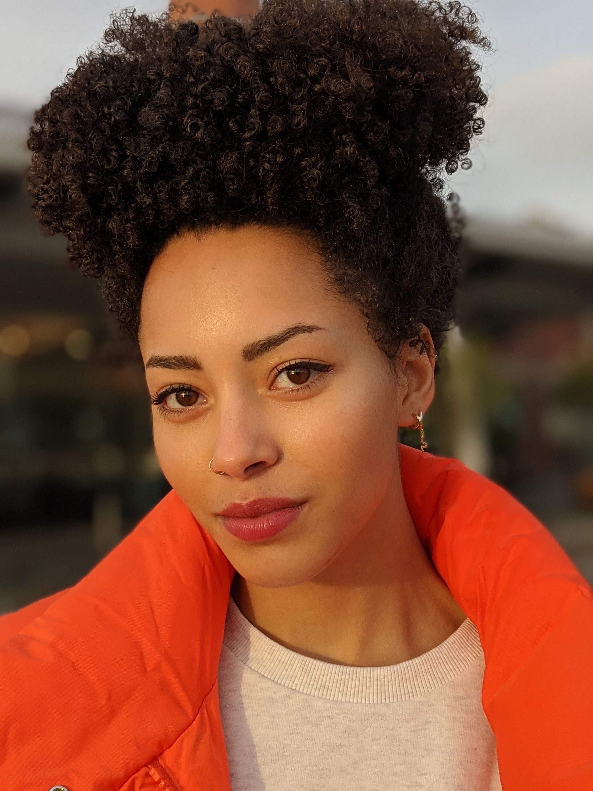 Close-up of professional model with hair and makeup by Bristol makeup artist Evie Smith.